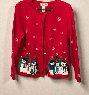 Vintage Bechamel Red Embroidered Snowman Family Holiday Cardigan Sweater Size L